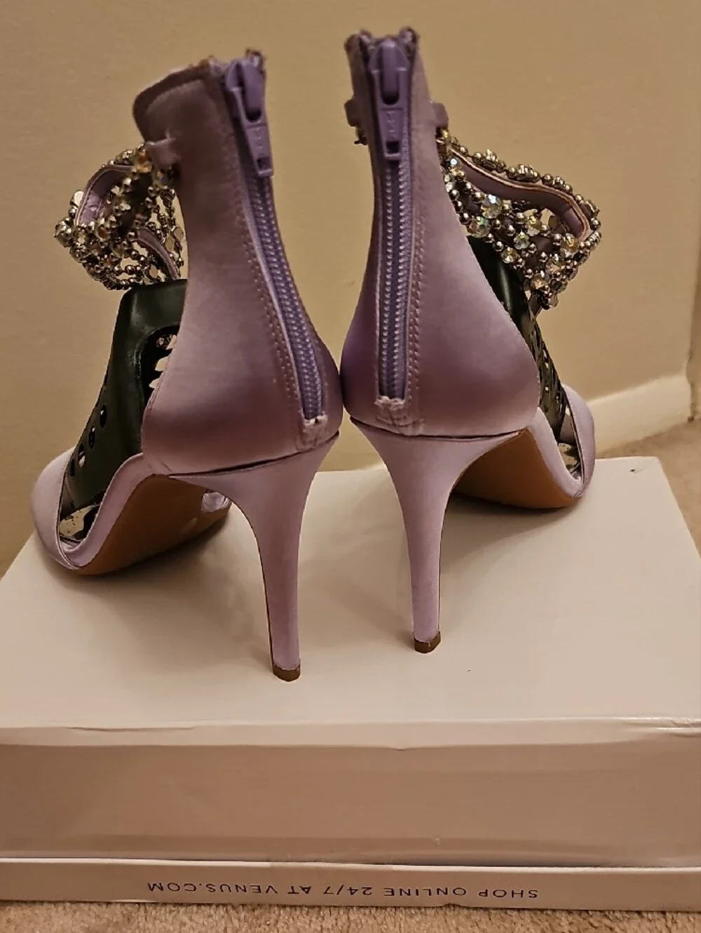 Gianni Bini Lavender Satin Crystal T-Strap Heels - Picture 6 of 7